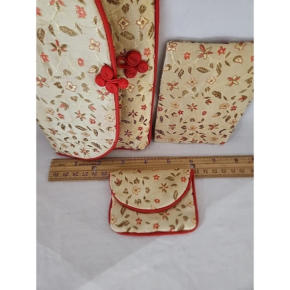 Floral Brocade 3pc Set Clutch Tissue Holder Coin Purse Cream Red Gold Trim